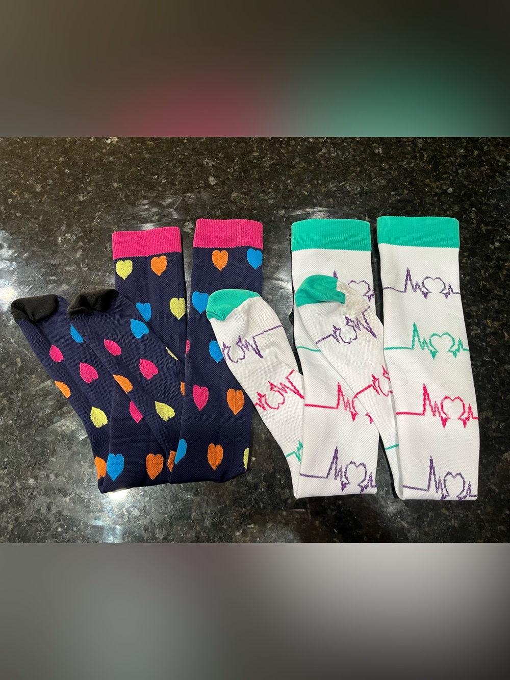 Heart & Heartbeat Crew Socks - Navy and White Compression
